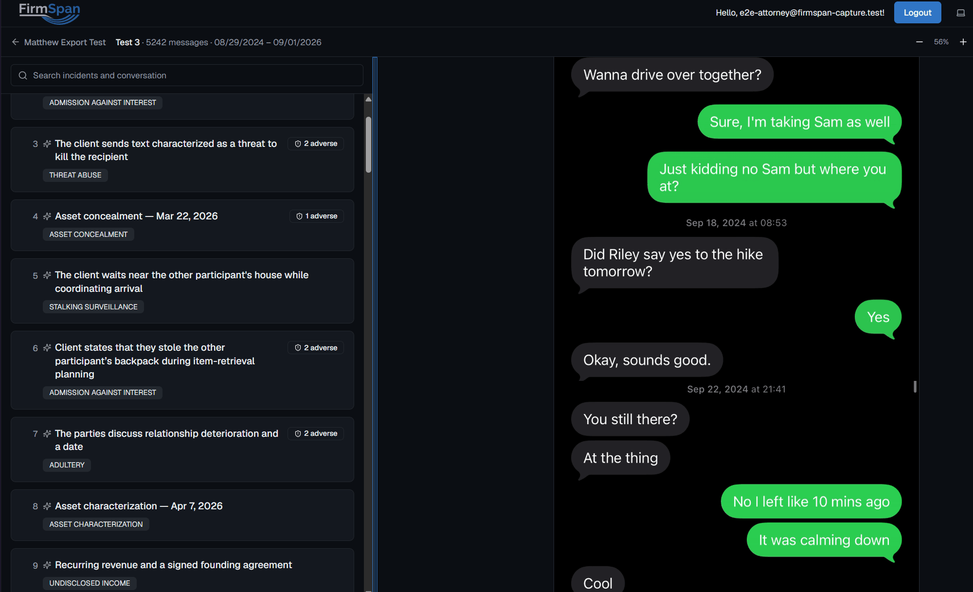 The evidence review workspace: a ranked list of incidents on the left, each tagged by category, beside the verbatim text-message conversation they were drawn from.