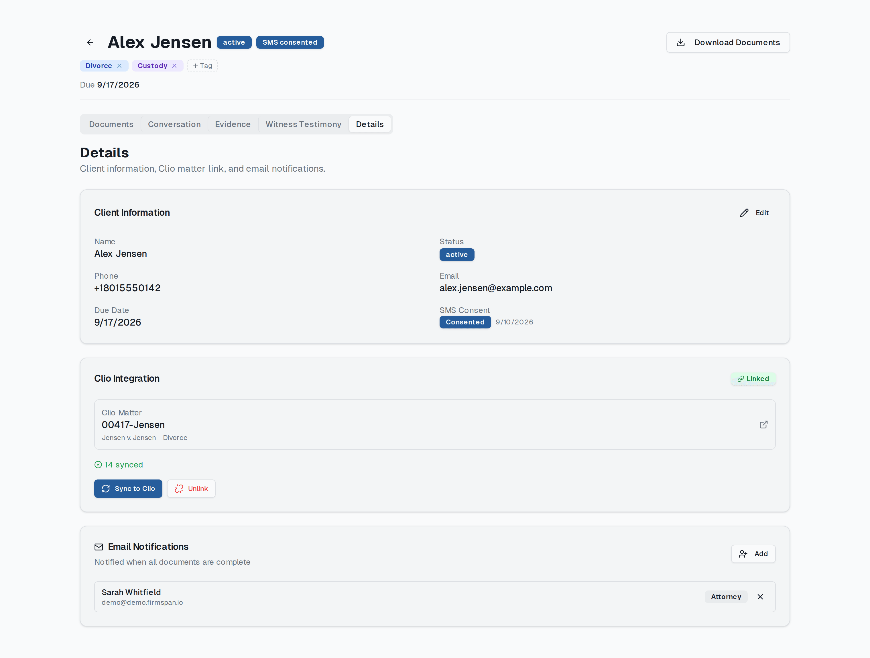 The Details tab of a matter, showing the client information card with name, phone, email, due date, status, and SMS consent, above a linked Clio Integration card naming the matter 00417-Jensen with fourteen records synced.