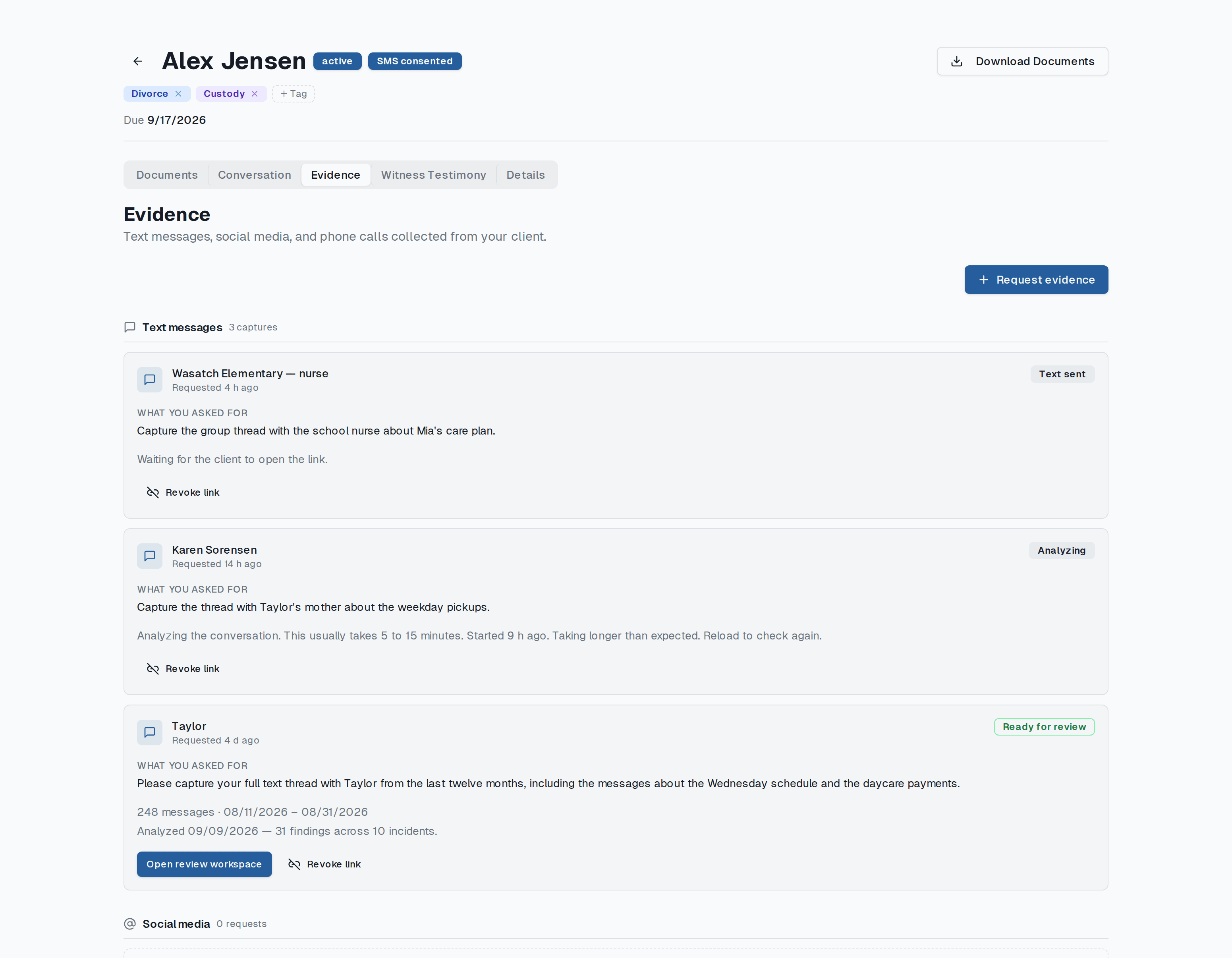 The Evidence tab of a matter, showing three text-message capture requests with their statuses - text sent, analyzing, and ready for review - the last with 248 messages analyzed into 31 findings across ten incidents.