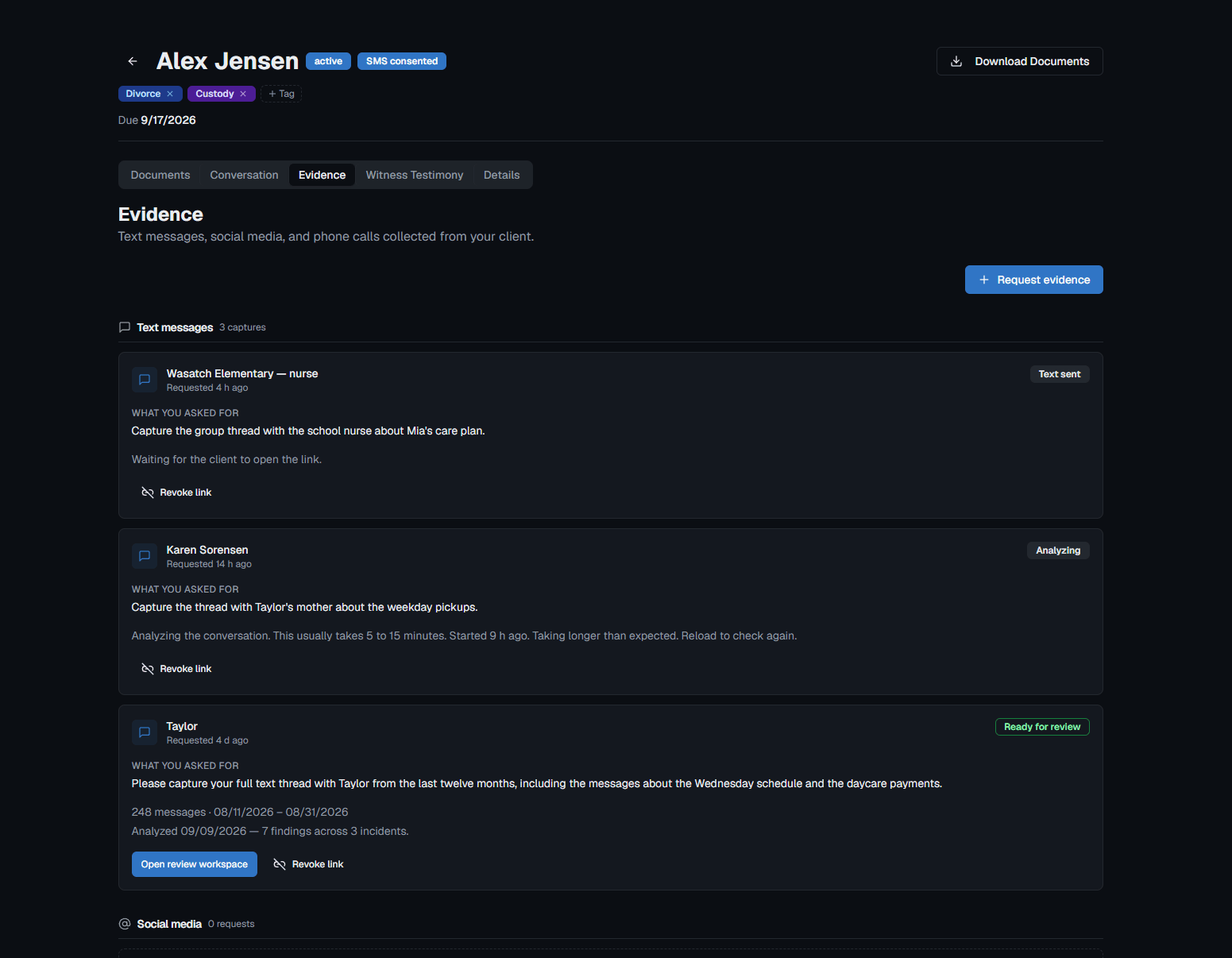 The Evidence tab of a matter, showing three text-message capture requests with their statuses - text sent, analyzing, and ready for review - the last with 248 messages analyzed into seven findings.